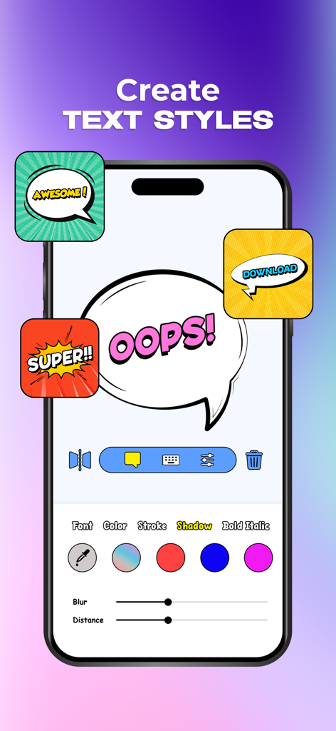 Emoji & Sticker Design Lab - A mobile interface from Emoji and Sticker Design Lab showing tools to create custom comic-style text stickers with various fonts and colors.