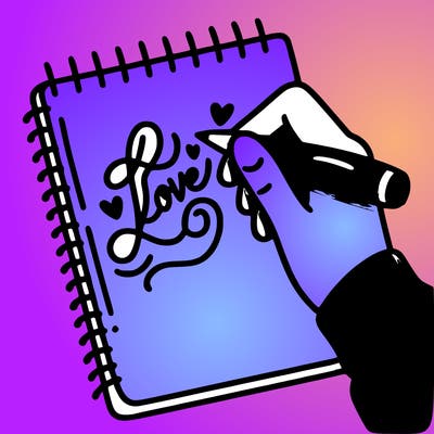 a hand writing “love” in calligraphy on a notebook