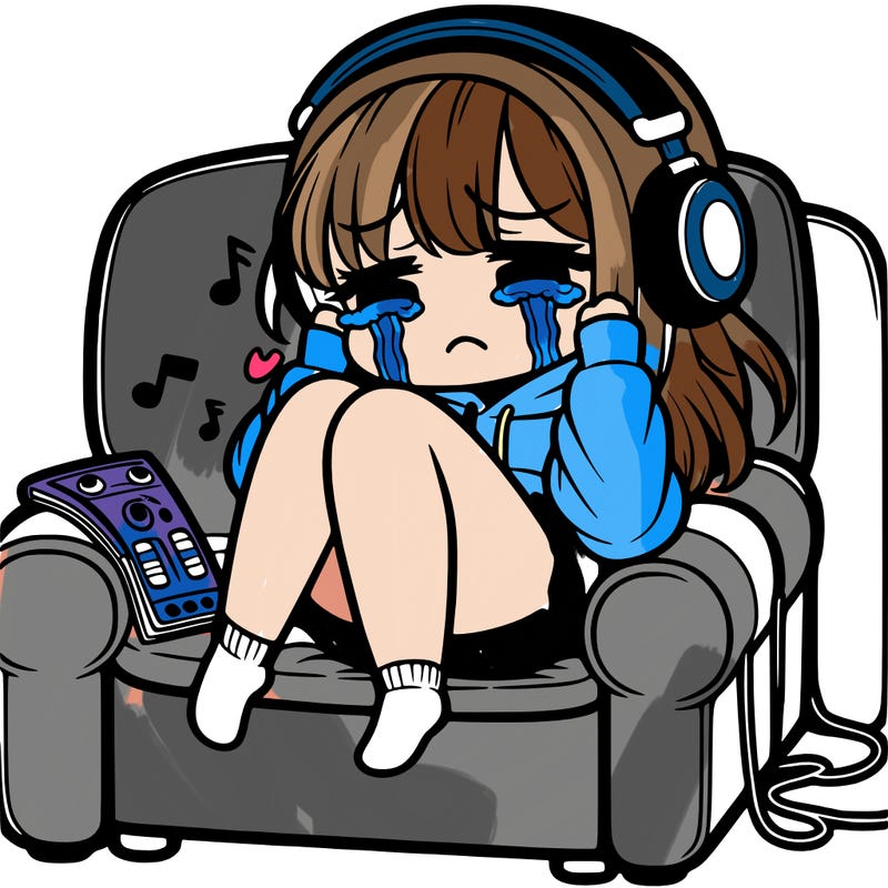 a girl sitting on a comfy chair and wearing a hoodie and shorts crying and listening to music