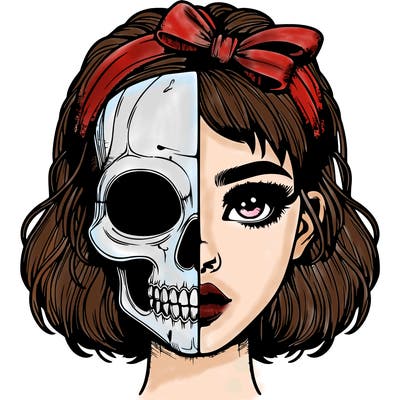 realistic girl with half skull mask