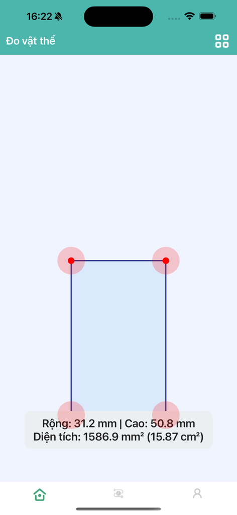 ToolX: Pocket Measure Ultimate - ToolX app interface showing the object ruler feature measuring width height and area of a rectangle