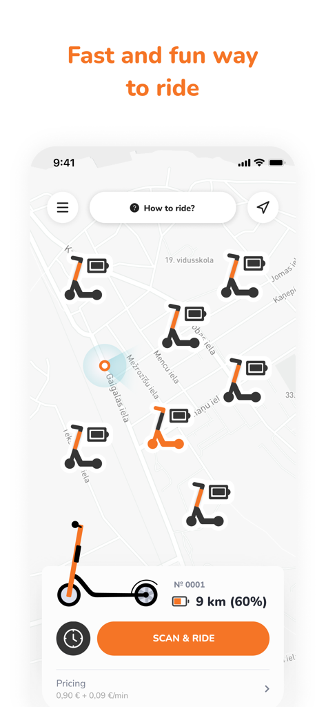 Kai Ride - Interface do aplicativo Kai Ride mostrando patinetes elétricos disponíveis em um mapa com um botão de escanear e andar
