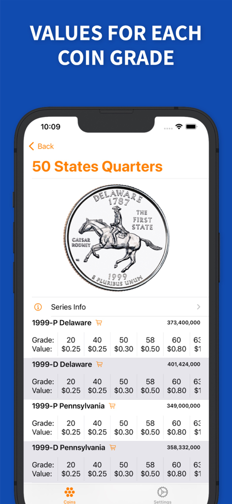 Price Guide - U.S. Coin Values - Mobile app screen showing US state quarter values and mintage figures by grade