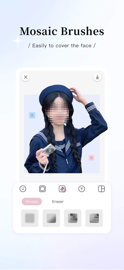 RizaCam photo editor interface demonstrating the mosaic brush to cover a face