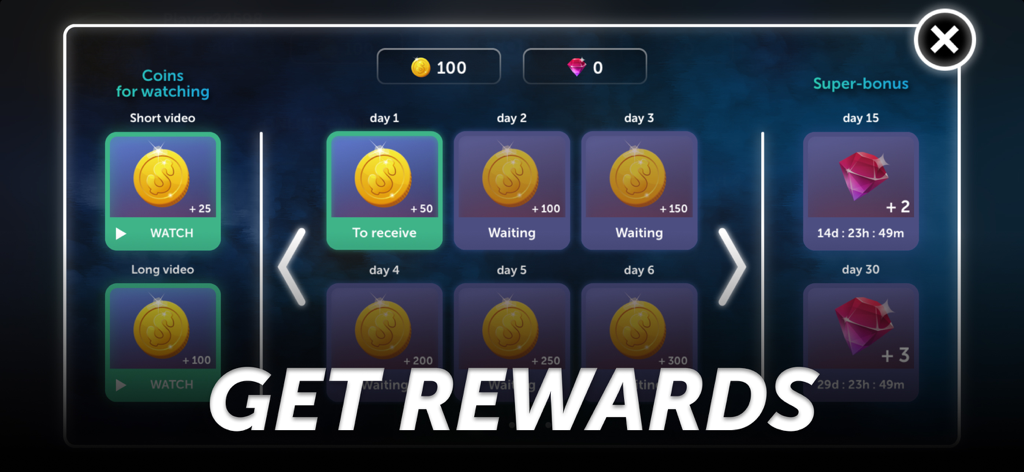 Backgammon Online: Dice Game - A menu showing daily login rewards and bonus coins in the Backgammon Online app