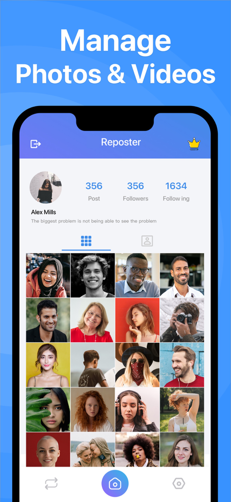 사진 및 동영상을 관리하기 위한 프로필 그리드를 보여주는 Repost 앱 인터페이스