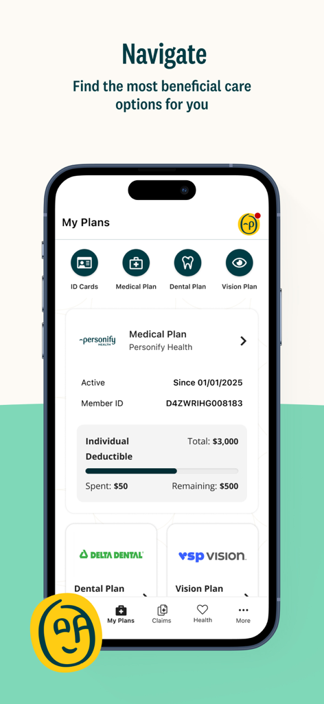 Une interface d'application mobile affichant à l'utilisateur ses plans d'assurance maladie et l'évolution de sa franchise.