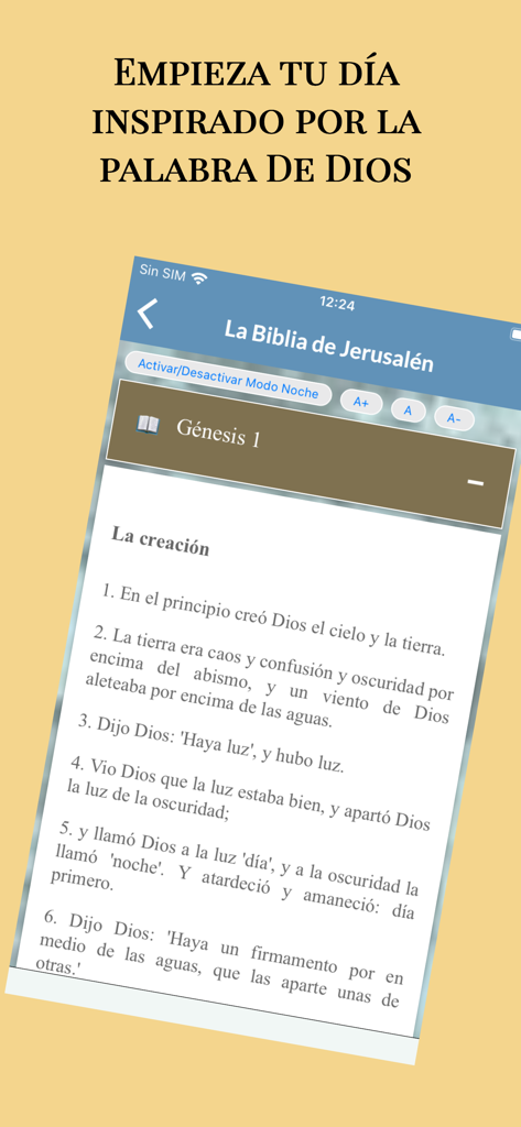 La Biblia de Jerusalén - Interface of the La Biblia de Jerusalen app displaying Genesis chapter one in Spanish