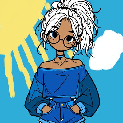 girl with a messy ponytail glasses a baggy crop top and jean shorts