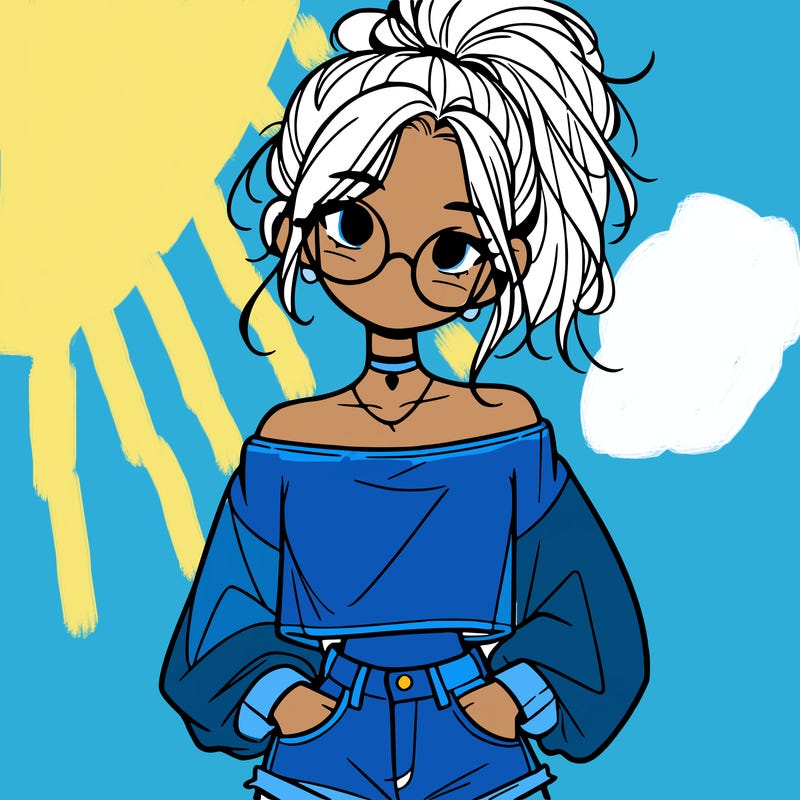 girl with a messy ponytail glasses a baggy crop top and jean shorts