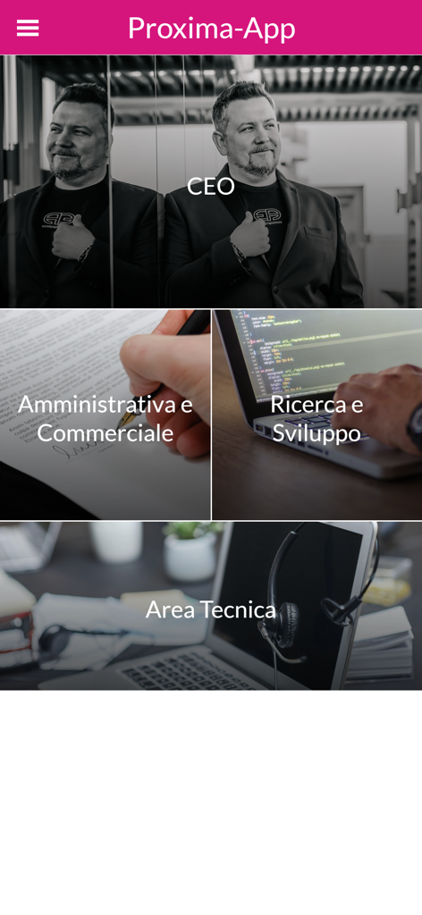 Proxima-App - Proxima-App main interface displaying navigation tiles for CEO, Administration, R&D, and Technical Area departments.