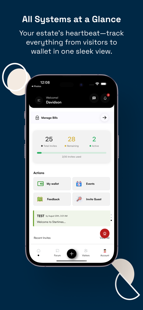 Startimes Estate - Painel do aplicativo Startimes Estate mostrando estatísticas de convite de visitantes e ferramentas de gerenciamento de moradores em um iPhone.
