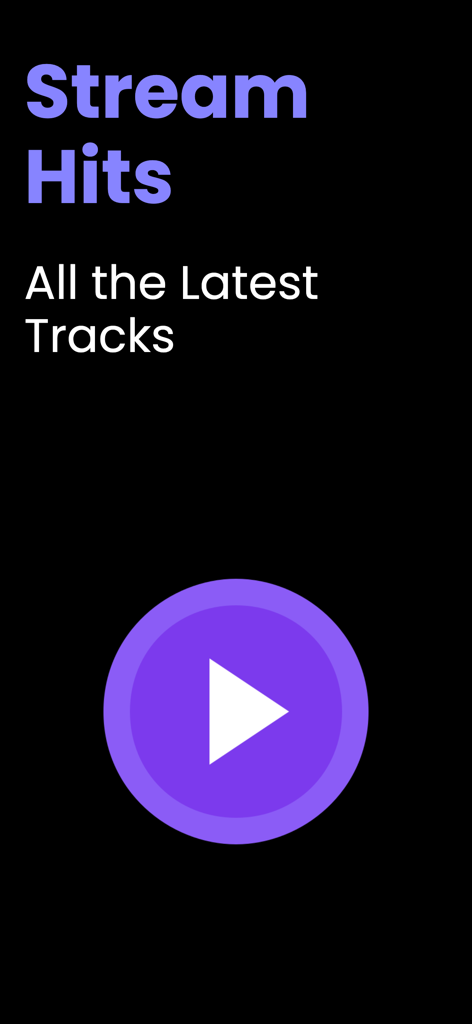 MuseTube: Music Streaming - Pantalla promocional para la aplicación MuseTube con el texto Transmite Éxitos Todas las Últimas Pistas con un gran icono de botón de reproducción morado