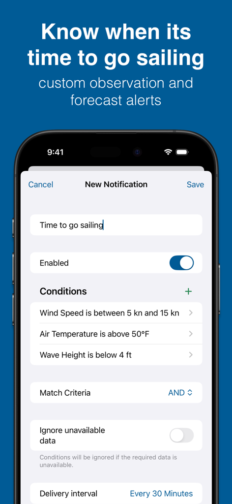風速と波浪データに基づいてカスタム航海アラートを設定するBuoycastアプリの画面