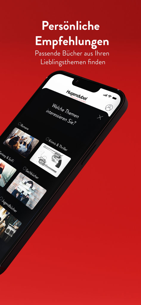 Hugendubel: Bücher & Buchtipps - Hugendubel mobile app interface showing a genre selection screen for personal book recommendations