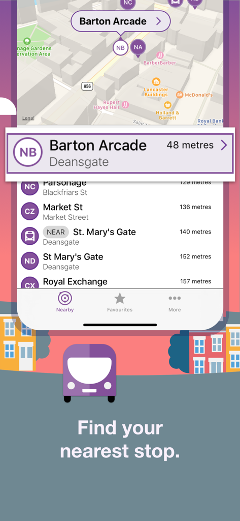 Bus Times UK Live checker app - Mapa y lista de paradas de autobús cercanas en la aplicación Bus Times UK