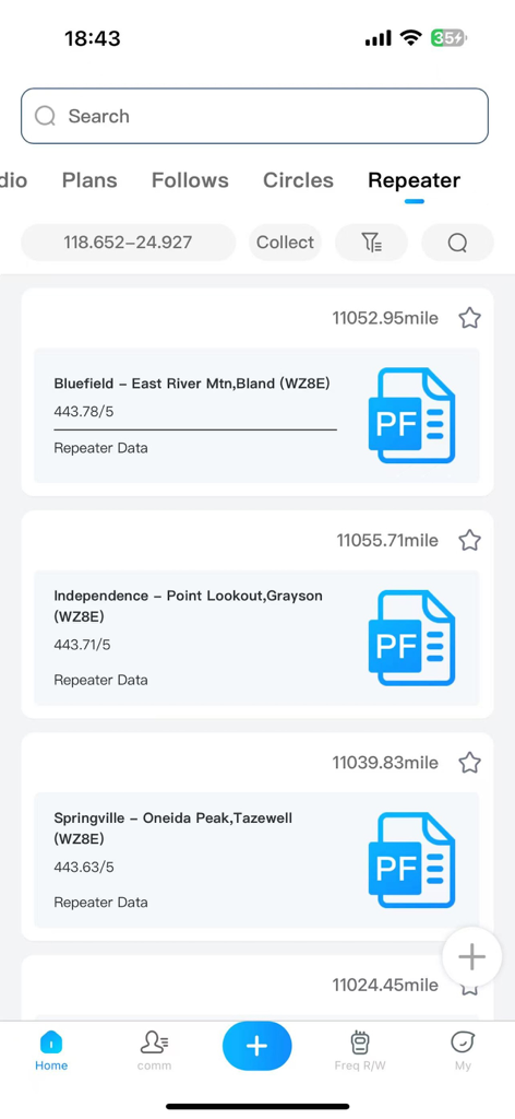 Mobile app screen showing a list of radio repeater stations with frequencies and locations