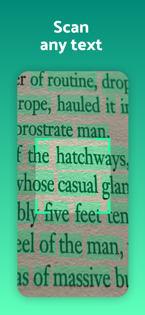 Interface of the Book Quote Scanner app showing text on a printed book page being highlighted for OCR capture.