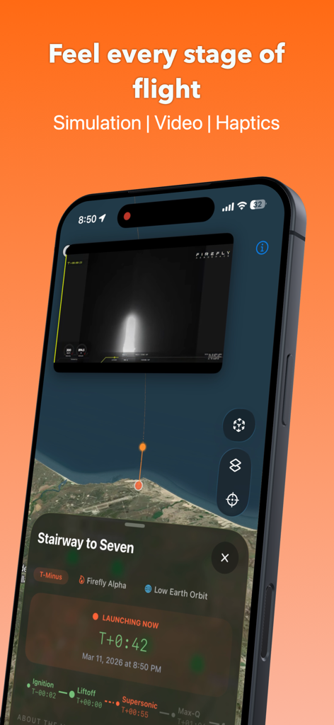 Flyby — ISS & Launch Tracker - Flyby app interface showing a real-time rocket launch simulation and live telemetry