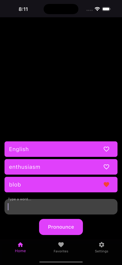 Pronounce It: Word Pronouncer - Home screen of the Pronounce It app featuring a word search history and a text input field to hear correct English pronunciations.