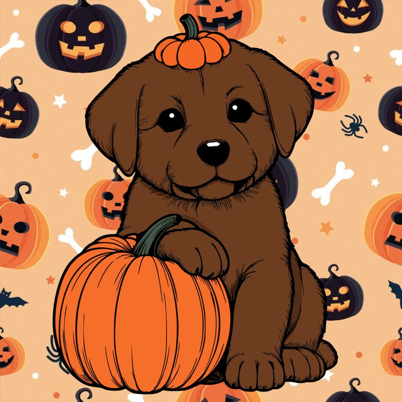 a realistic puppywith a pumpkin on his head