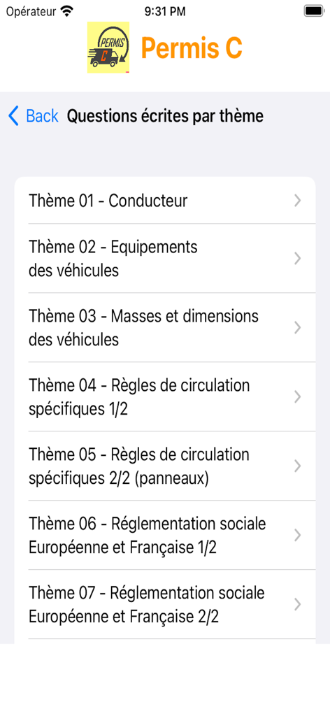 Permis C - Mobile app screen showing a list of written exam themes for the heavy goods vehicle license preparation.