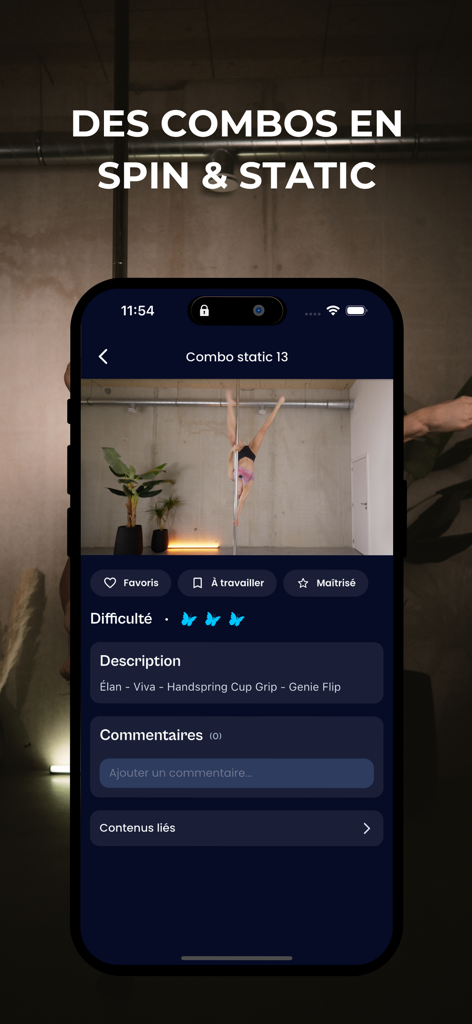 Un tutorial en video para una combinación estática de pole dance en la aplicación móvil Pole Therapy