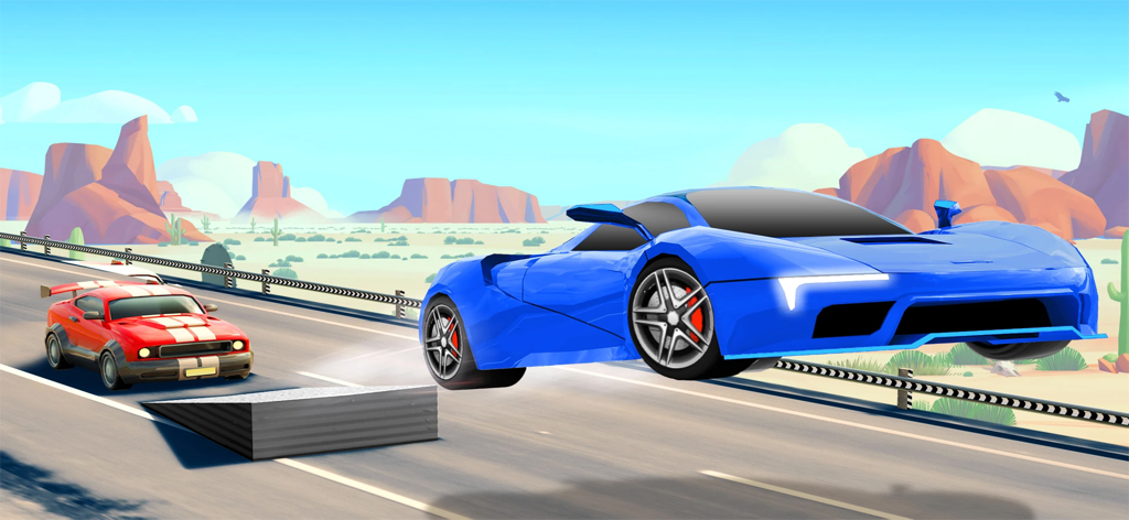 Mini Car Racing Game Offline - A blue sports car performing a jump over a ramp on a desert highway track.