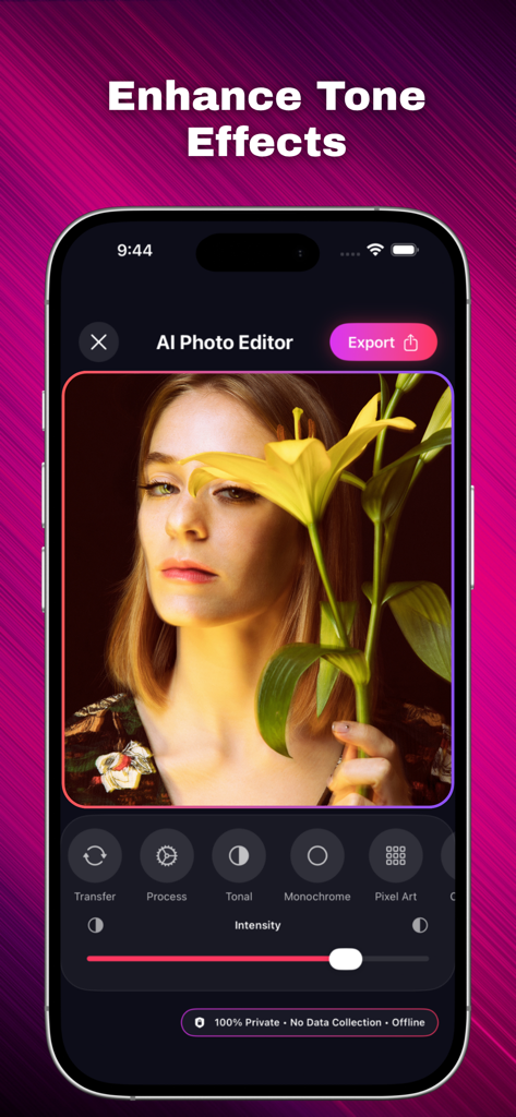 AI PHOTO EDITOR++++ - Pantalla del iPhone mostrando la interfaz de AI Photo Editor con un retrato siendo editado usando efectos de tono y herramientas privadas sin conexión