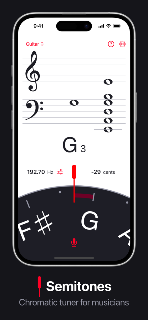 Semitones - Chromatic Tuner - Interface de l'application d'accordeur chromatique Semitones montrant des notes de musique sur une portée et des détails de fréquence