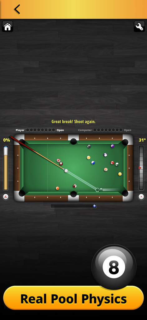 247 Games - A top-down view of a digital pool game from the 247 Games collection featuring realistic physics and classic gameplay.