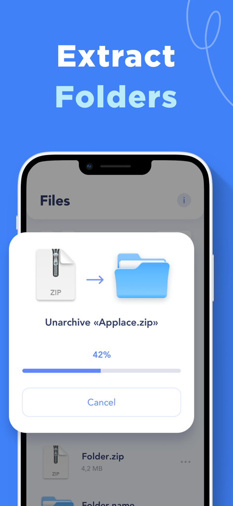 RAR Unzip-Zip File Opener 7Zip - フォルダへのzipファイルの抽出進行状況を示すスマートフォン画面