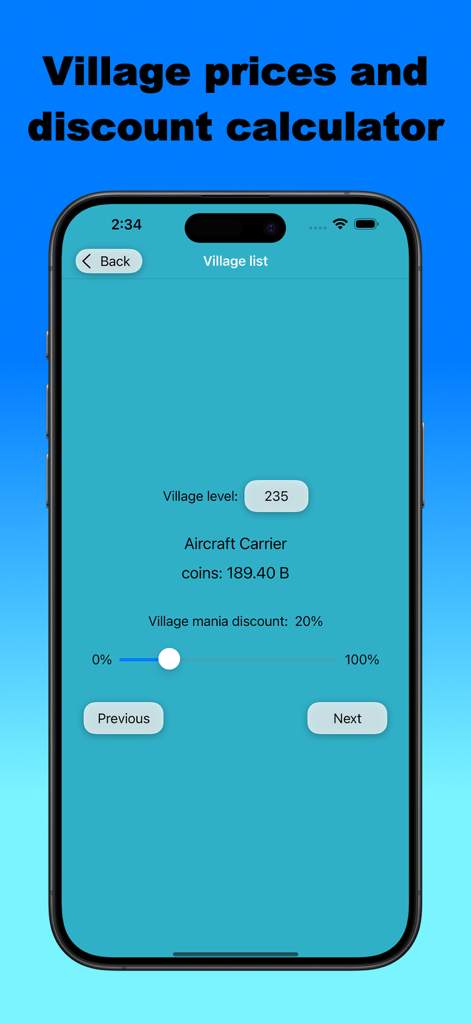 Master of spin and coin - A mobile screen showing a village cost and mania discount calculator for Coin Master players.