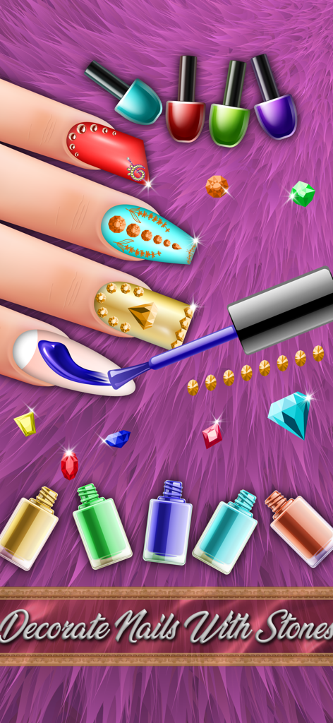 Acrylic Nail Salon Girls Games - A girl's hand with creative acrylic nail art being decorated with colorful stones and gems in a digital salon game.