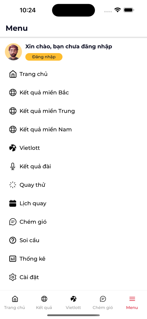 Kết quả xổ số XSMB, XSMN, XSMT - Navigation menu of the Vietnamese lottery results app showing options for regional results and statistics