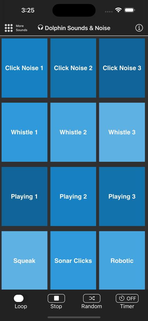 Dolphin Sounds & Noises - Interface do aplicativo Sons e Ruídos de Golfinho mostrando uma grade de botões de som para cliques e assobios