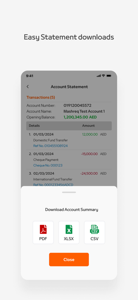Mashreq NEO CORP - Interface de l'application mobile Mashreq NEO CORP pour télécharger les relevés de compte bancaire aux formats PDF, XLSX et CSV.