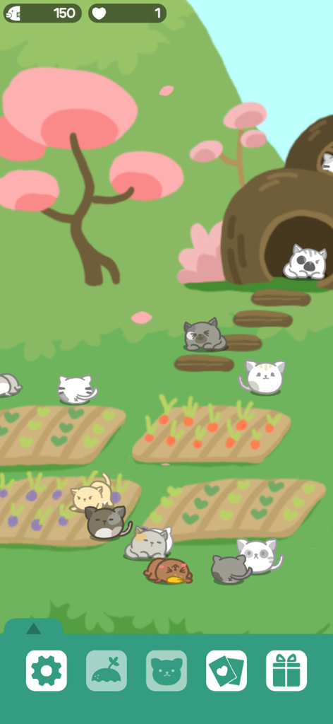 Solitaire Cat Paradise - Gatti cartoni animati che si rilassano in un lussureggiante giardino verde con orti e alberi in fiore rosa