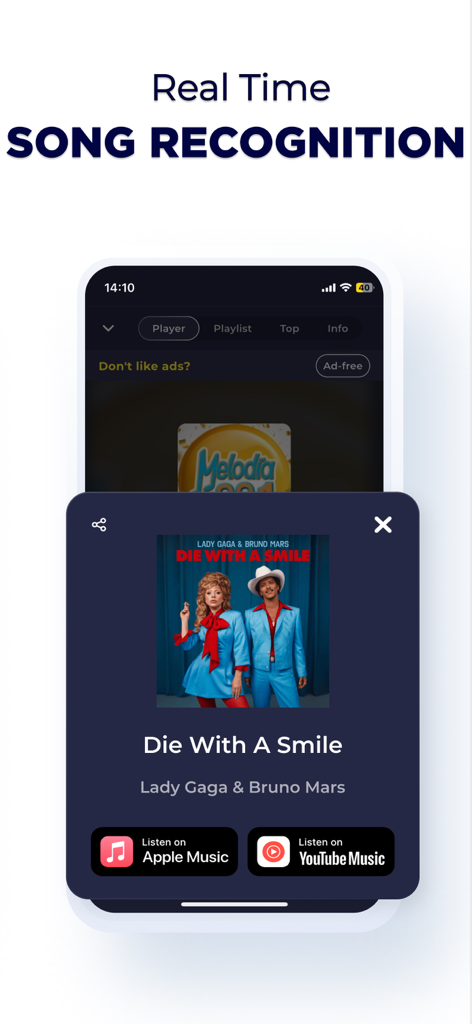 Radio Bolivia - Online Radio - Écran de smartphone montrant la fonction de reconnaissance de chanson en temps réel de l'application Radio Bolivia identifiant une chanson avec des liens de streaming musical