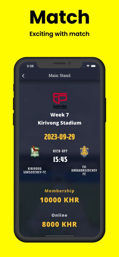 ISI DSC FC - Pantalla de información de partido de la aplicación ISI DSC FC que muestra la fecha del partido y los precios de las entradas.