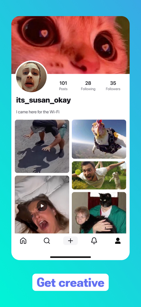Pagina del profilo utente dell'app Shortn che mostra una varietà di post video strani e divertenti