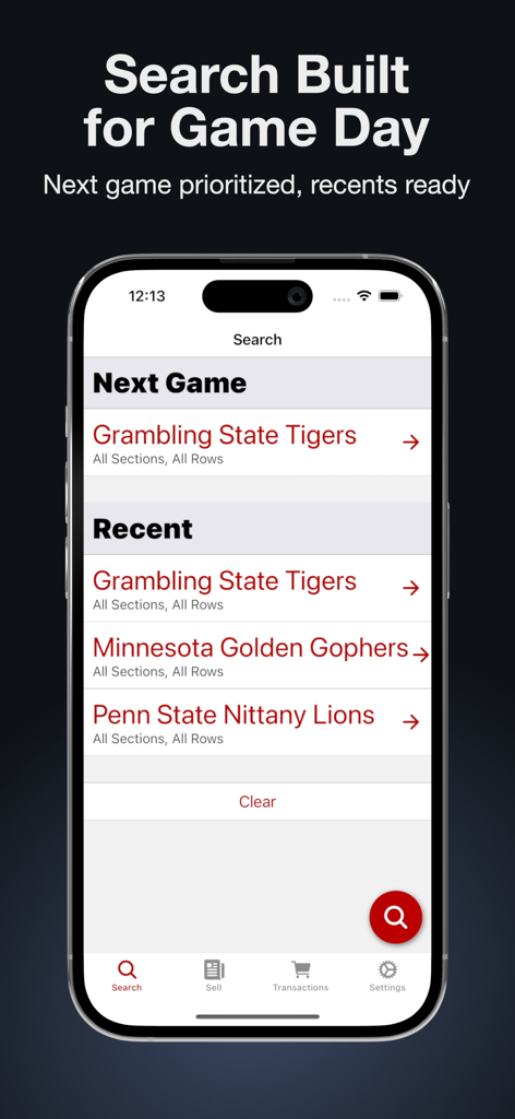 TicketBay App-Suchoberfläche, die das priorisierte nächste Spiel und den letzten Suchverlauf anzeigt