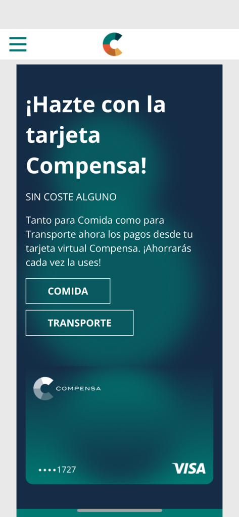 Pantalla promocional de la tarjeta Visa virtual Mi Compensación para gastos de comida y transporte