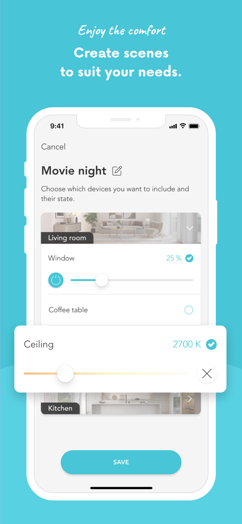 Plejd - A user creating a Movie night scene in the Plejd app with lighting intensity and color temperature controls for the living room.