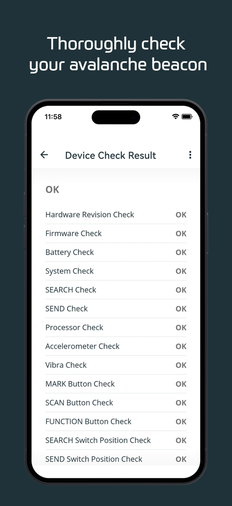 PIEPS - A smartphone screen showing the results of a comprehensive hardware and software diagnostic check for an avalanche beacon with all statuses marked as OK