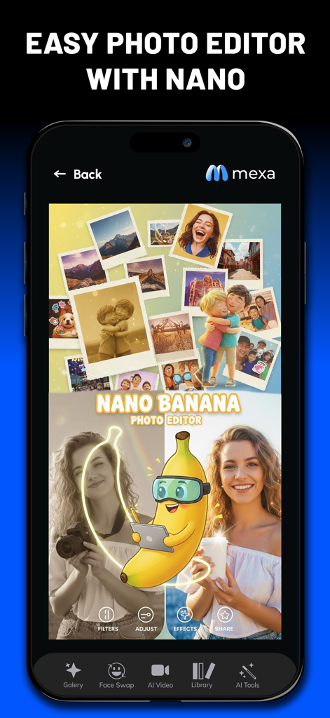 Mexa - Photo & Video with AI - Interface of the Mexa app showing the Nano Banana photo editor and AI creative tools for digital content creators.