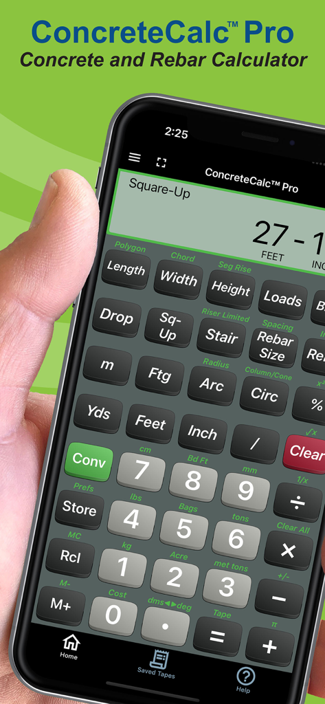 A person holding a smartphone displaying the Concrete Calc Pro app interface for concrete and rebar calculations