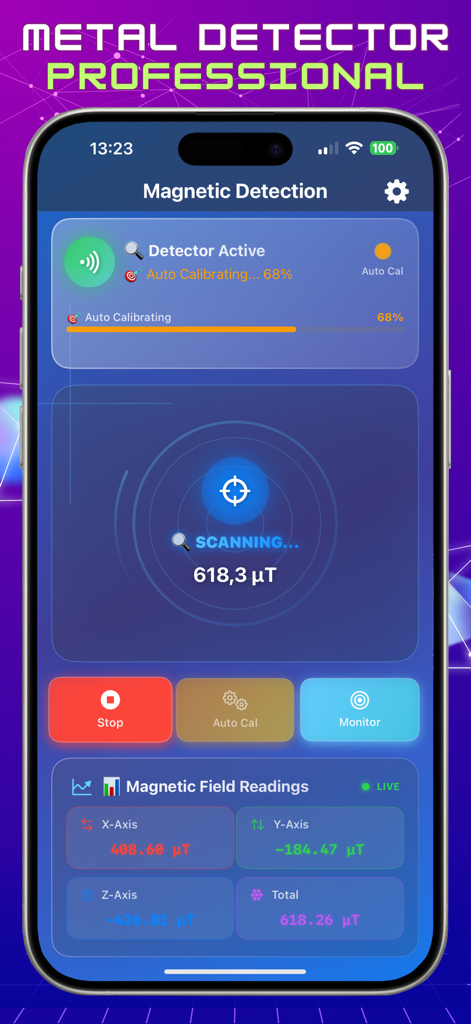 iPhone screen displaying the Metal Detector Professional app interface with real-time magnetic field sensor readings