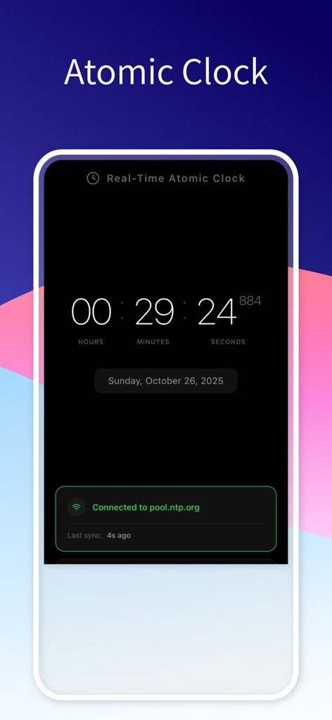 Real Time Atomic Clock app display showing precise time with milliseconds and NTP server connection
