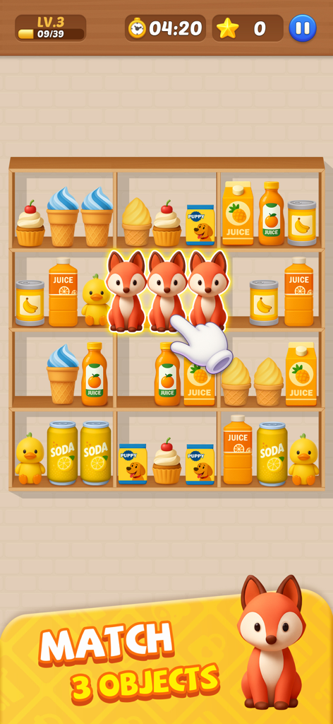 Gameplay screenshot of Goods Rush 3D Sort Puzzle showing a hand matching three fox plushies on a shelf with various 3D goods.